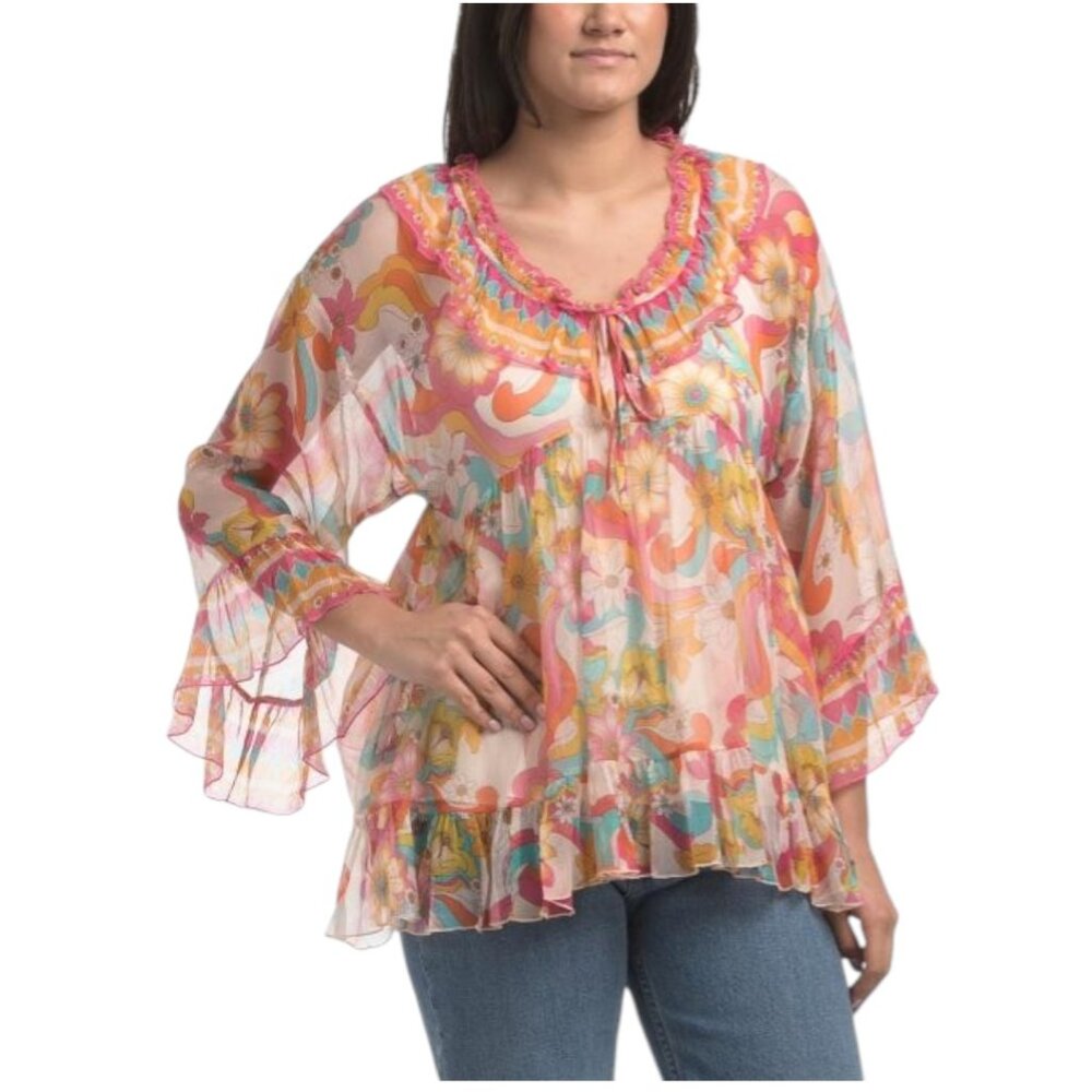 JOHNNY WAS Silk Blend Gal Ruffle Tie Blouse